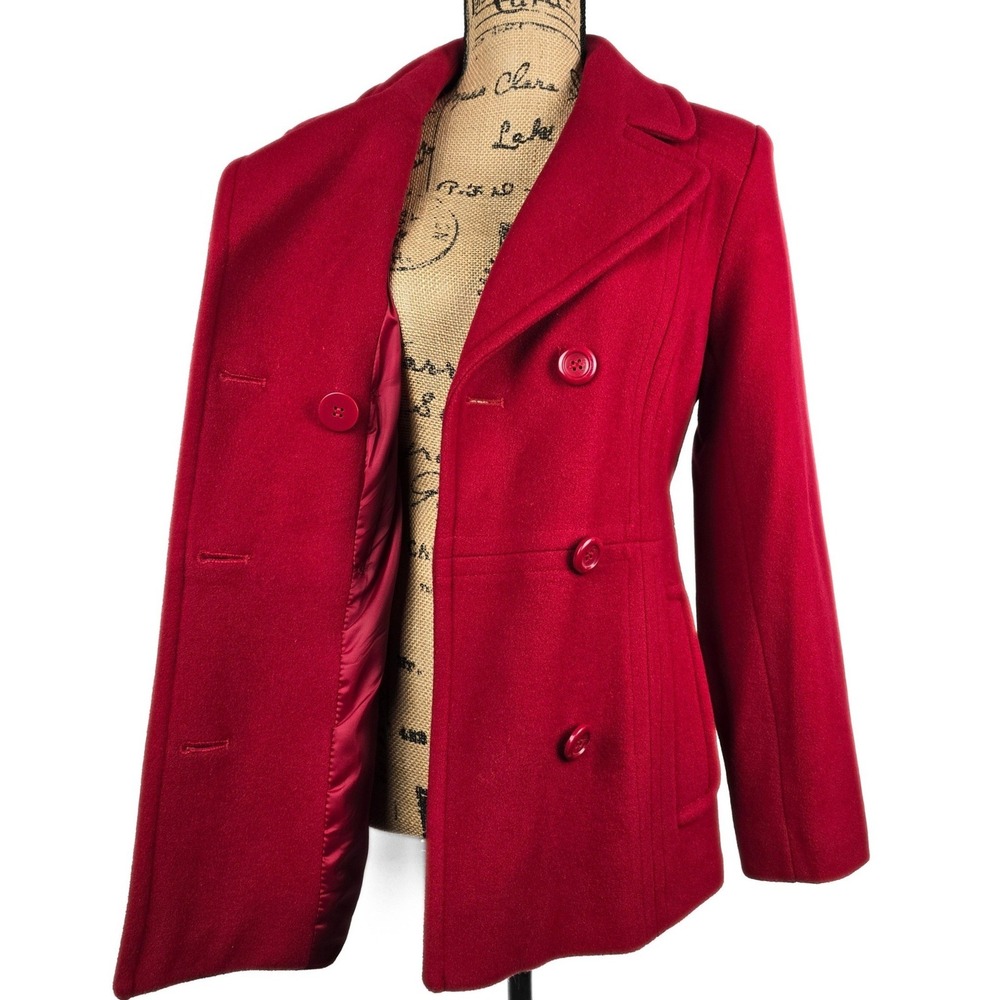 London Fog Womens Red Wool Blend Pea Coat Double Breasted Jacket Size M